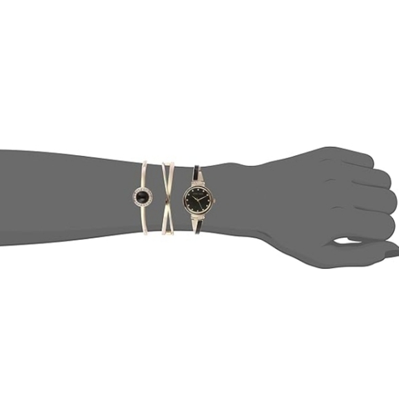 Women\'s Premium Crystal Accented Watch and Bangle Set Gold /Black